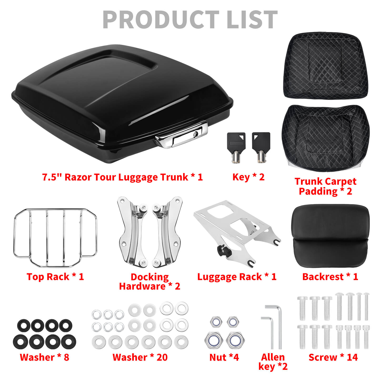 7.5" Razor Luggage Tour Trunk Complete for Harley Touring '14-'25 Product List