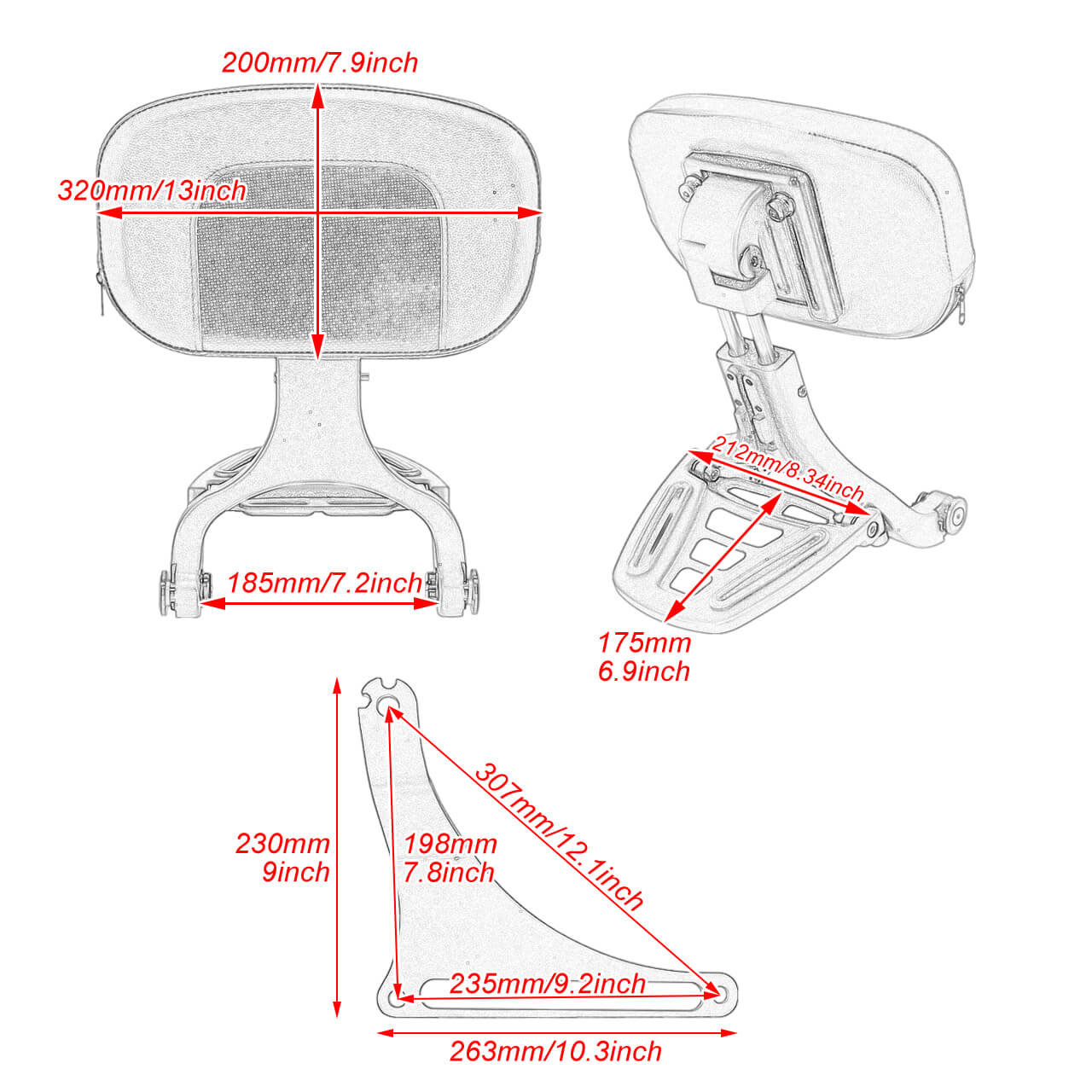 CB002728 mactions Adjustable Driver Passenger Backrest For Harley softail size