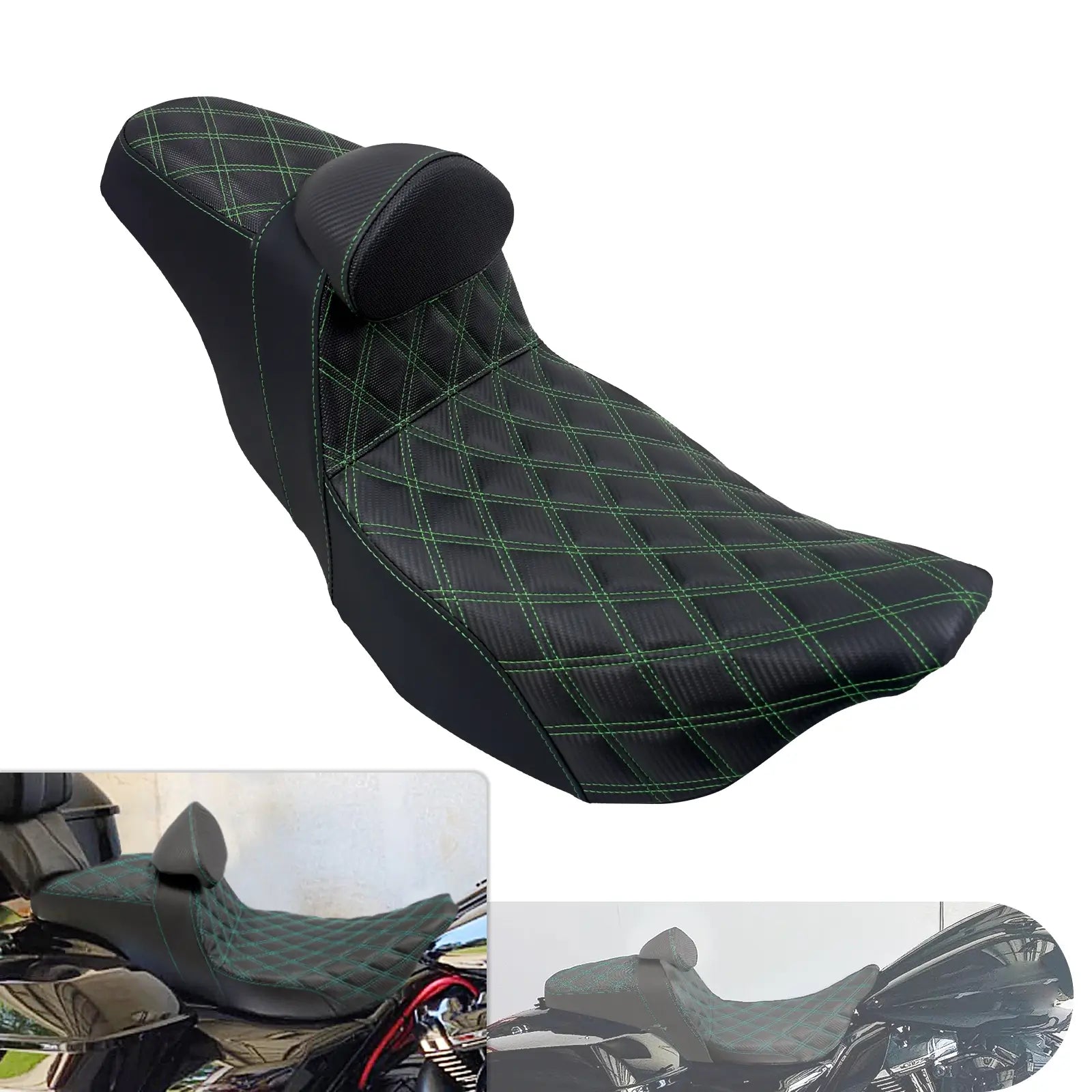 CB013307 mactions Rider & Passenger Step-Up Gel Seat harley touring green stitching