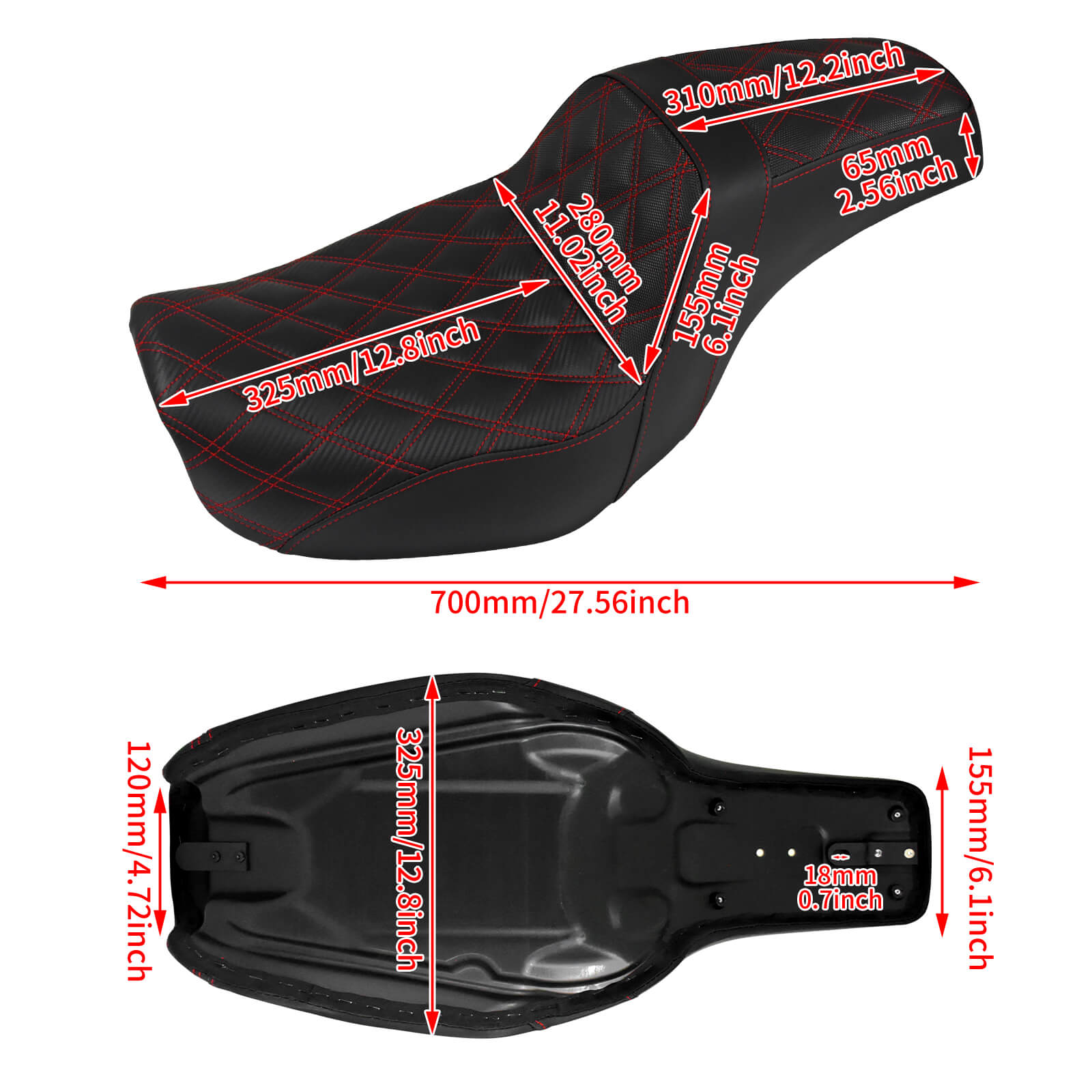 CB014503 mactions Two-Up Rider Passenger Seat for Harley dyna red stitching - size