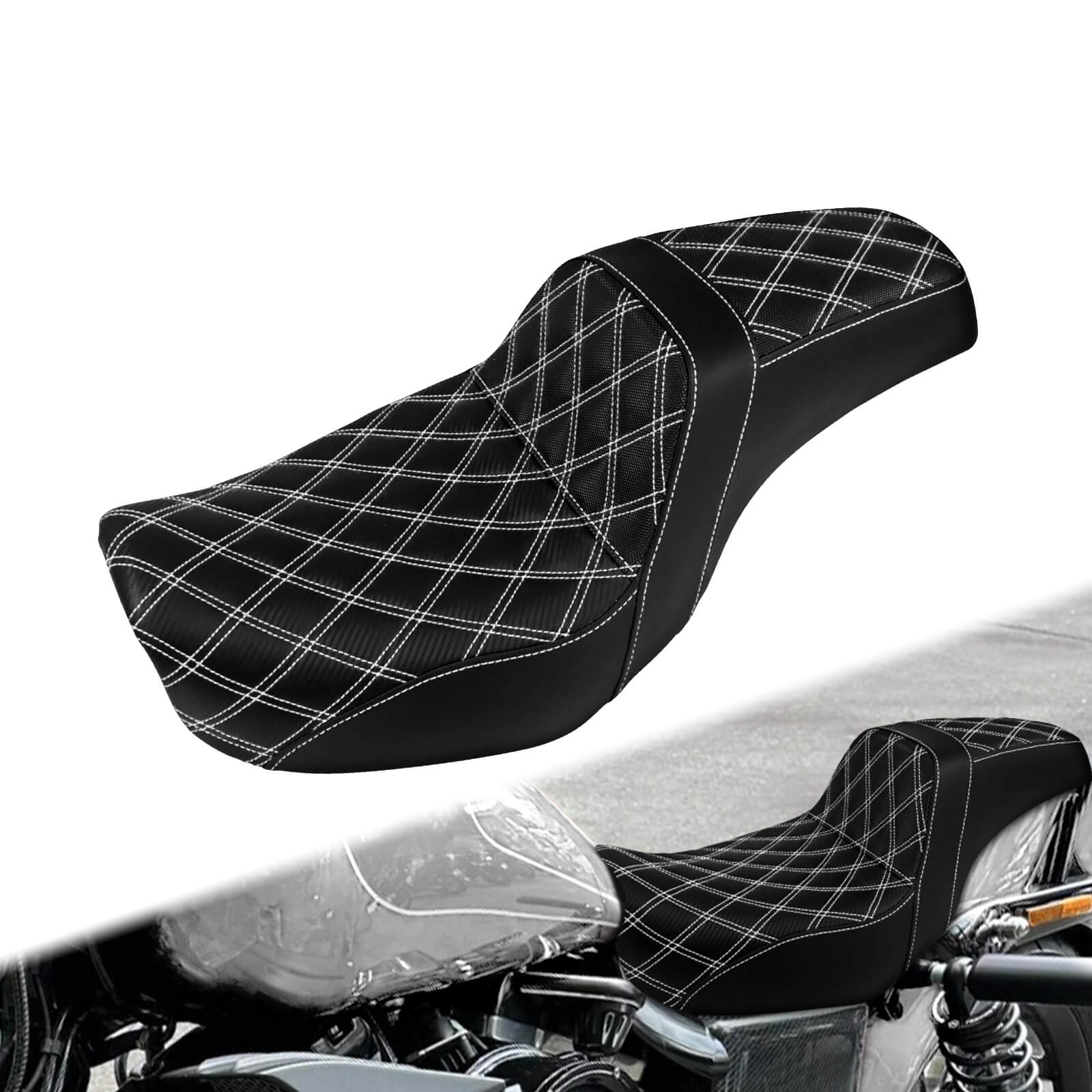 Motorcycle Two-Up Rider Passenger Seat White Stitching for Harley Dyna 2006-2017