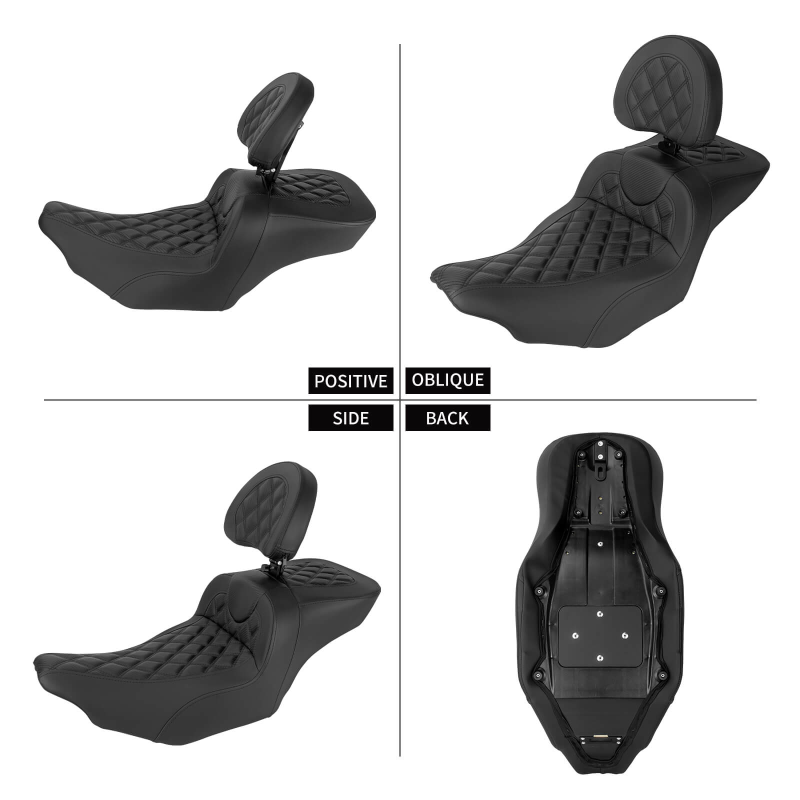 CB017101 mactions Black Diamond Stitched Two-Up Seat with backrest for harley touring