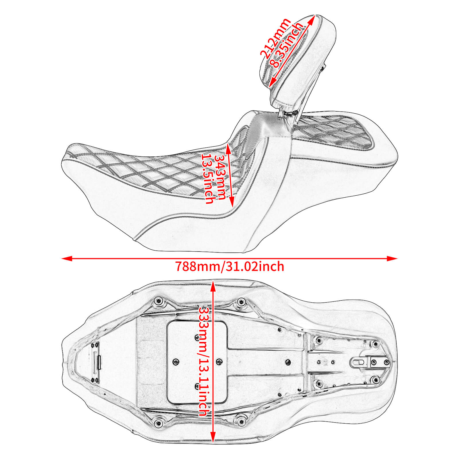 CB017103 mactions Performance Red Diamond Stitched Two-Up Seat with rider backrest for harley touring - size