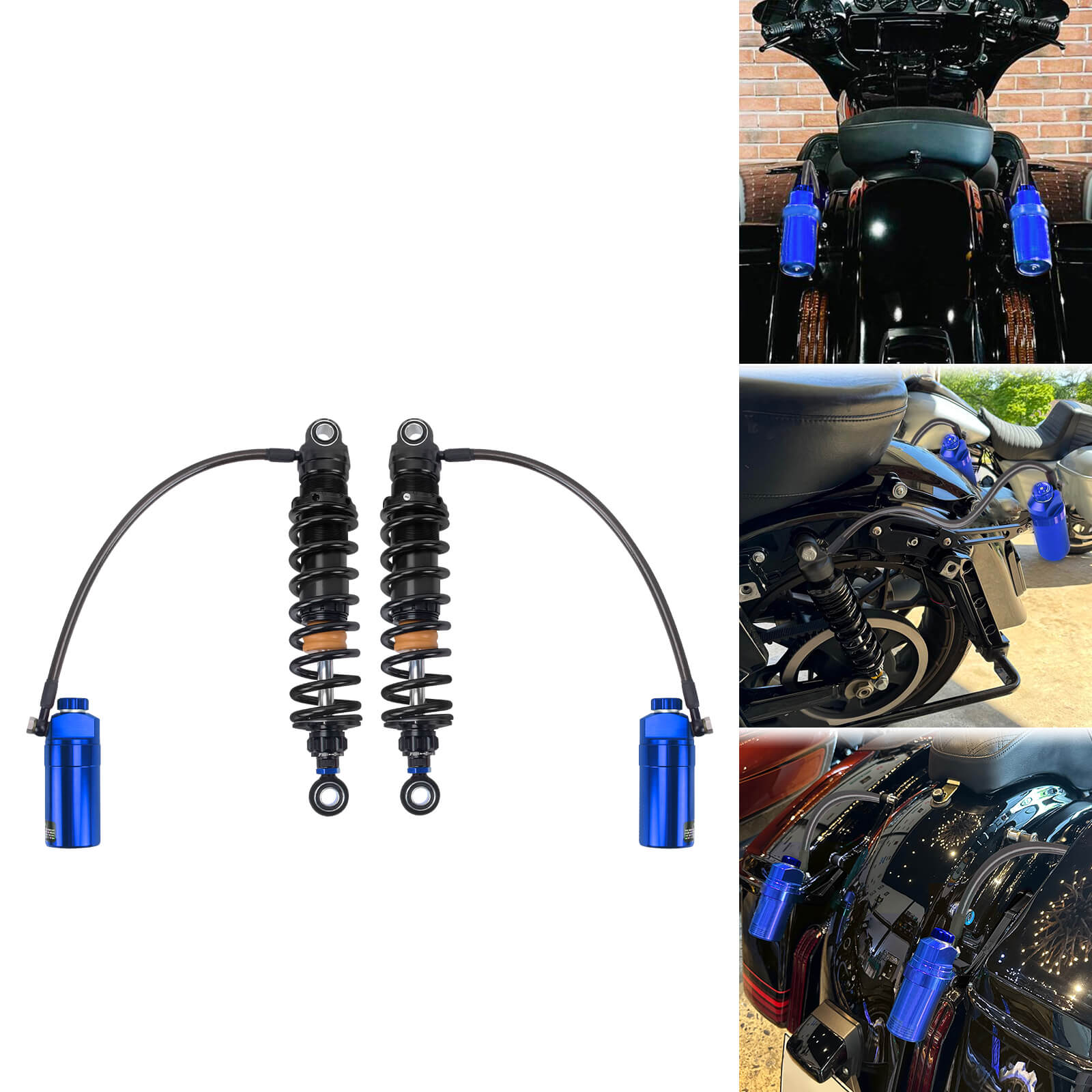 SU000105 Motorcycle Remote Rear Shocks Absorbers Suspension with Blue Reservoir For harley touring