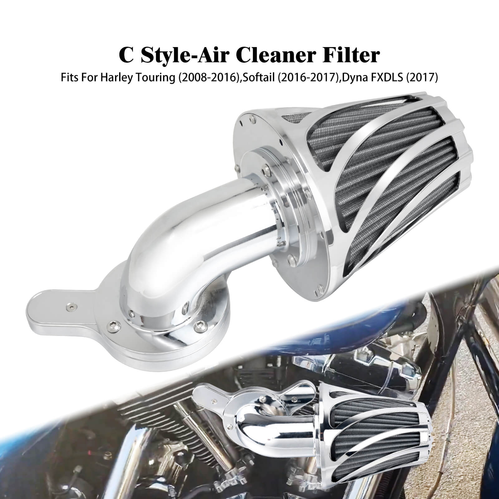 AF008907  Mactions Chrome Cone Gray Intake Air Filter For Harley Touring Softail
