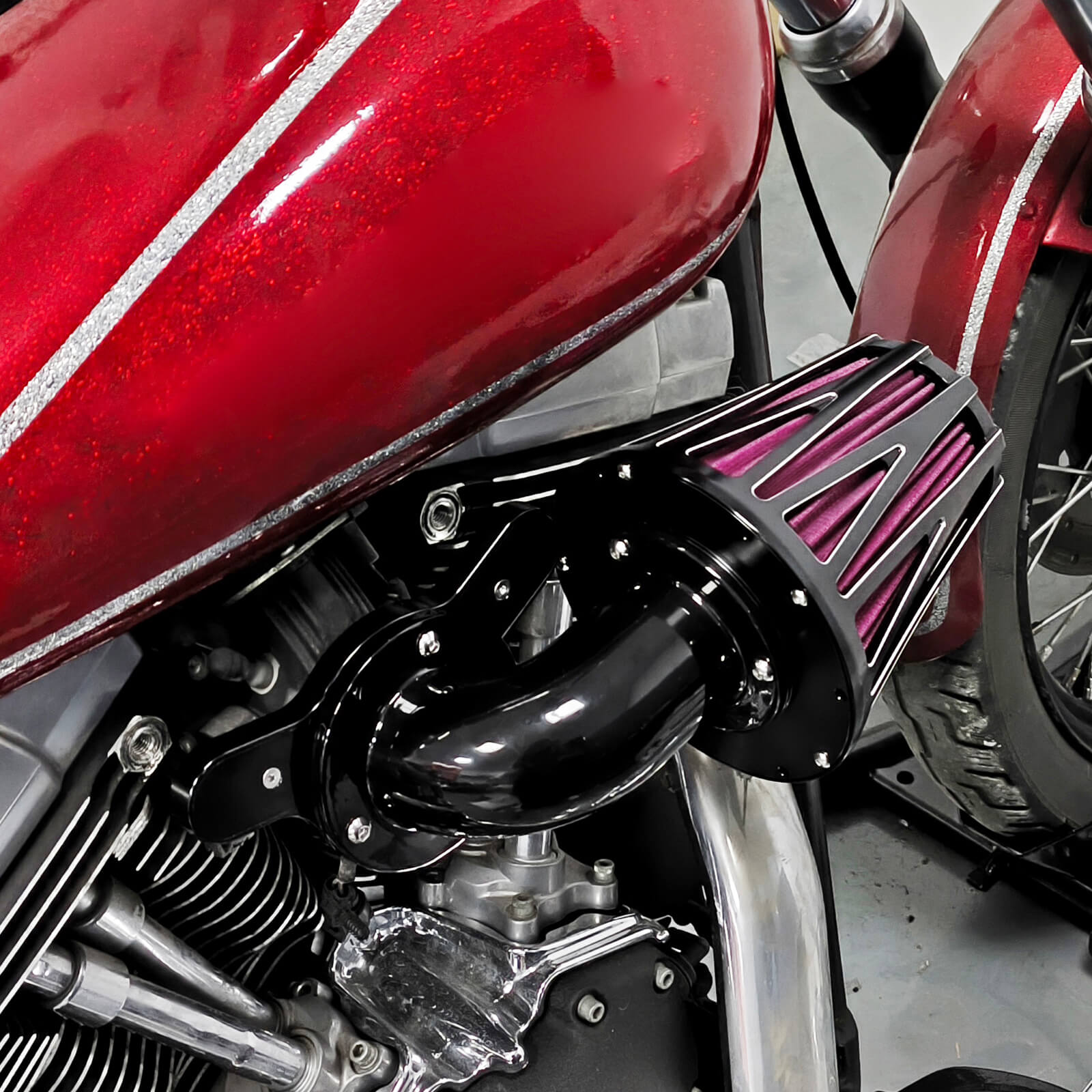 AF009902 mactions Performance CNC Air Cleaner Filter Fit Harley - black housing red instake