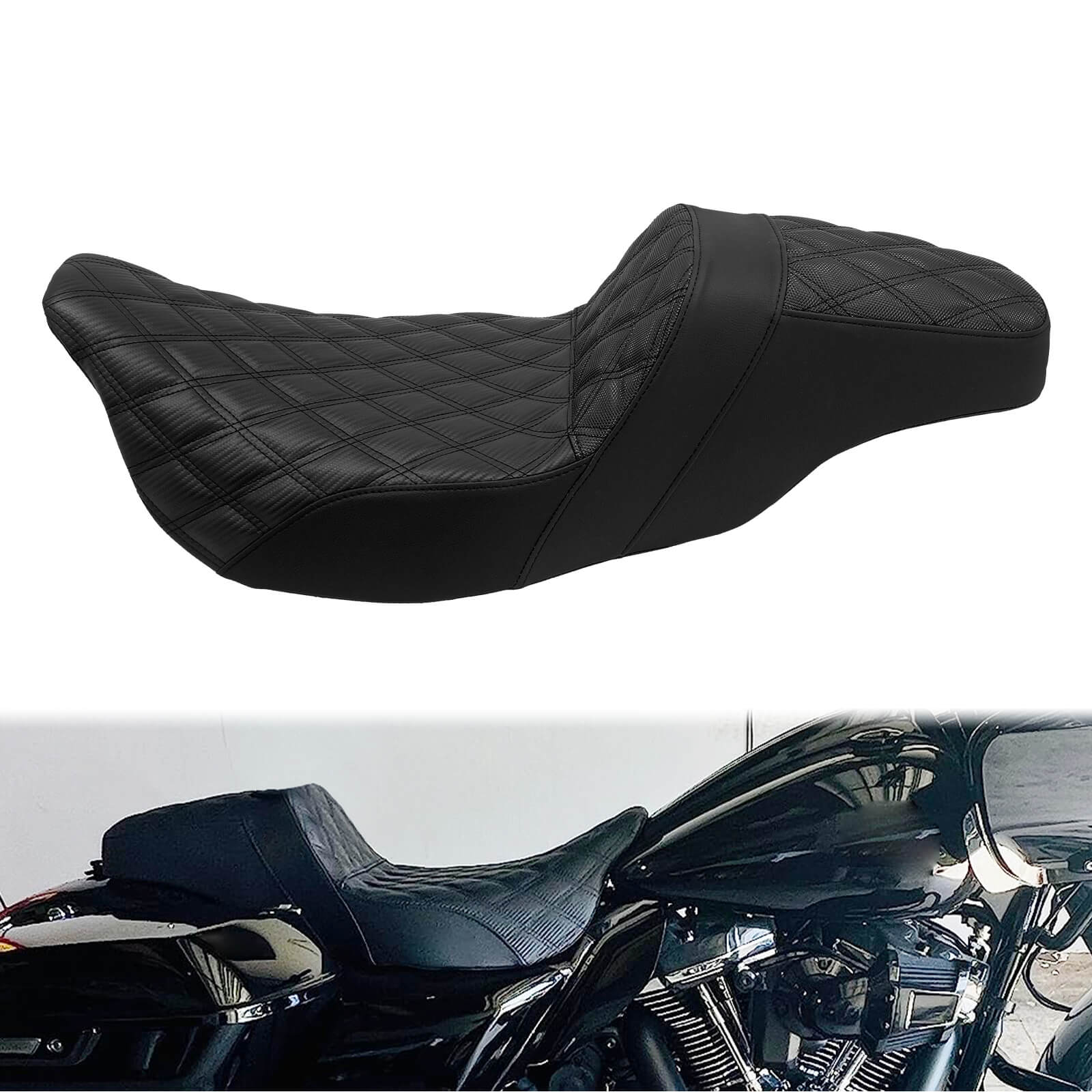 CB013301 mactions Rider & Passenger Seat Two-Up Seat for Harley Touring Street Road Glide '08-'23 Black stitching