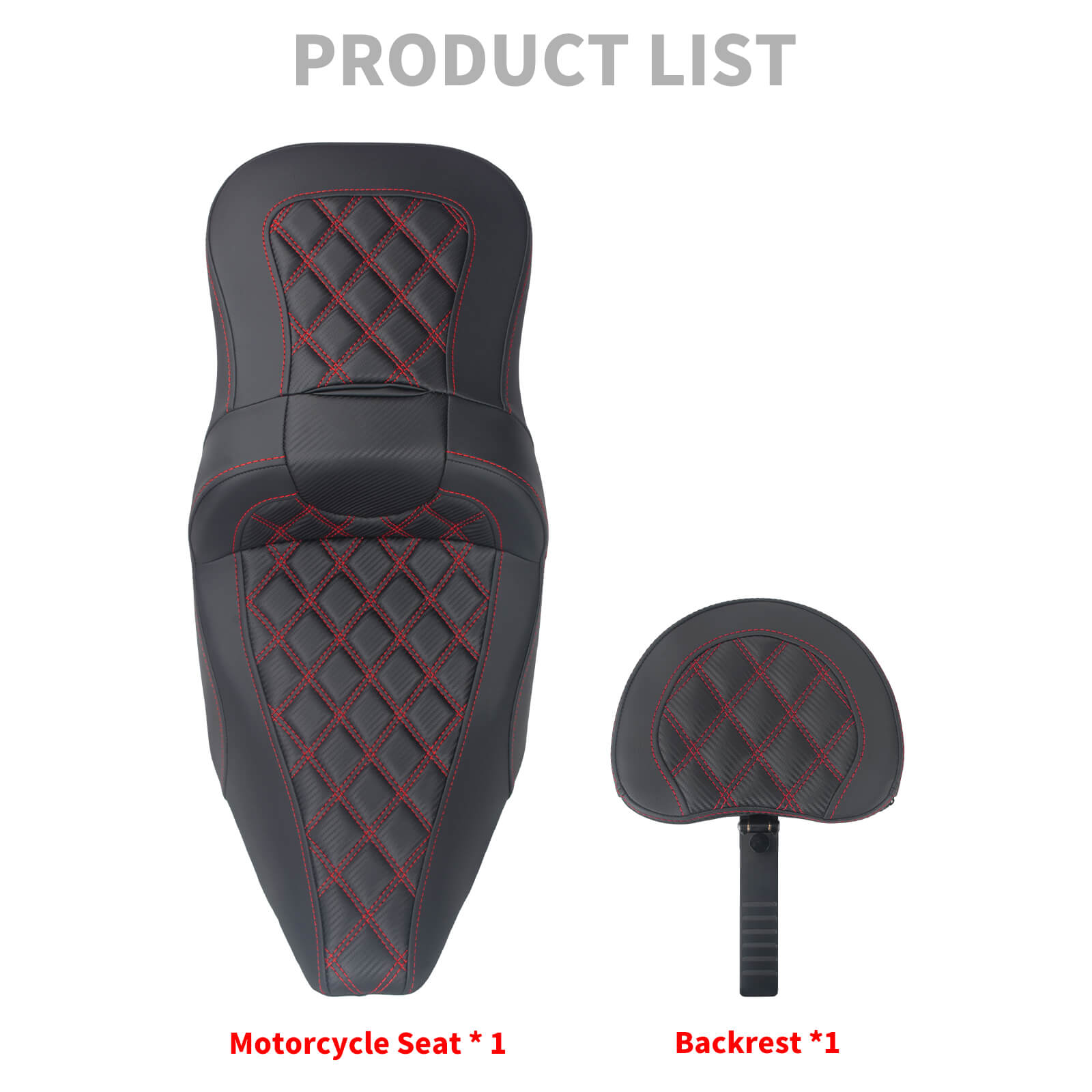 CB017103 mactions Performance Red Diamond Stitched Two-Up Seat with rider backrest for harley touring - details