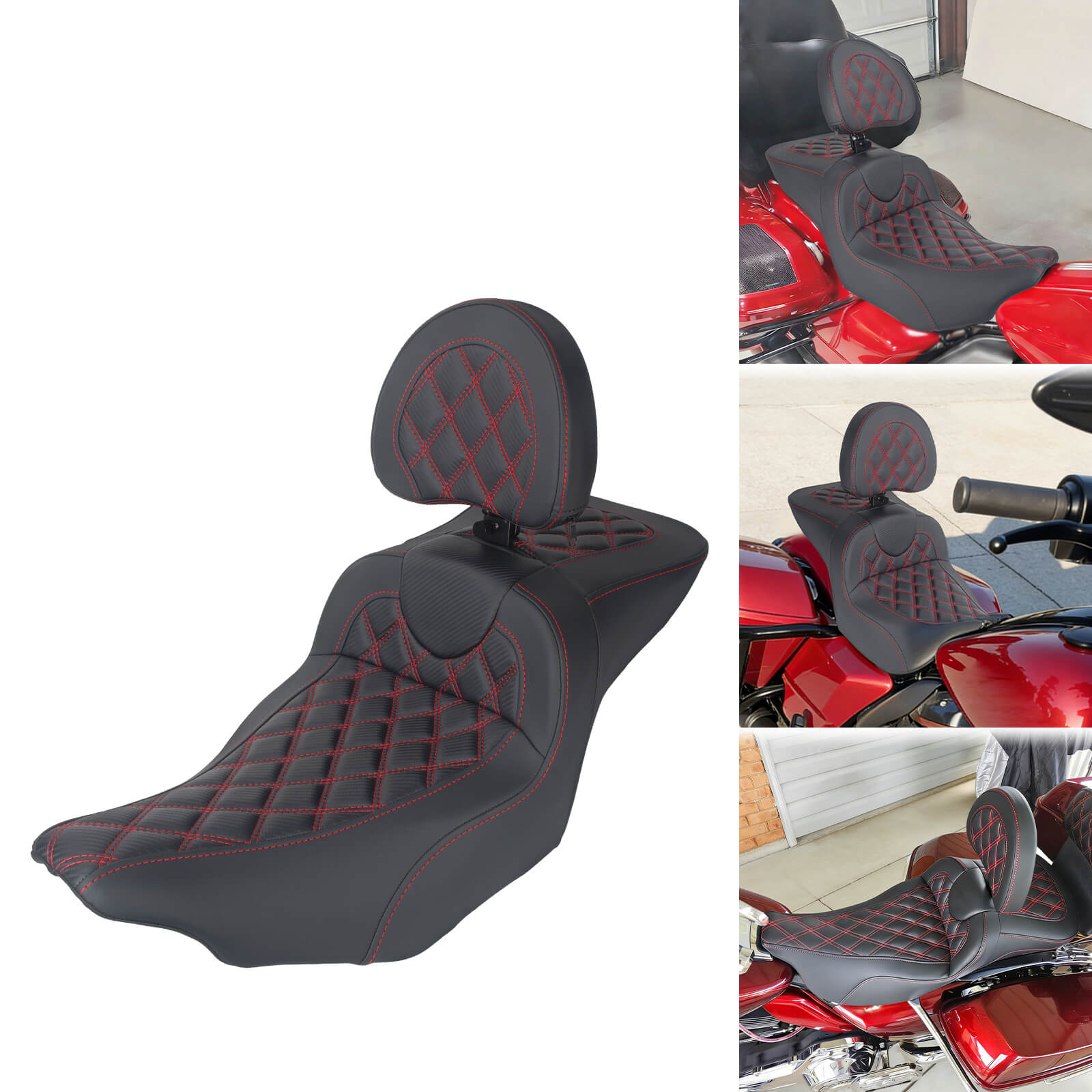 CB017103 mactions Performance Red Diamond Stitched Two-Up Seat with rider backrest for harley touring road glide