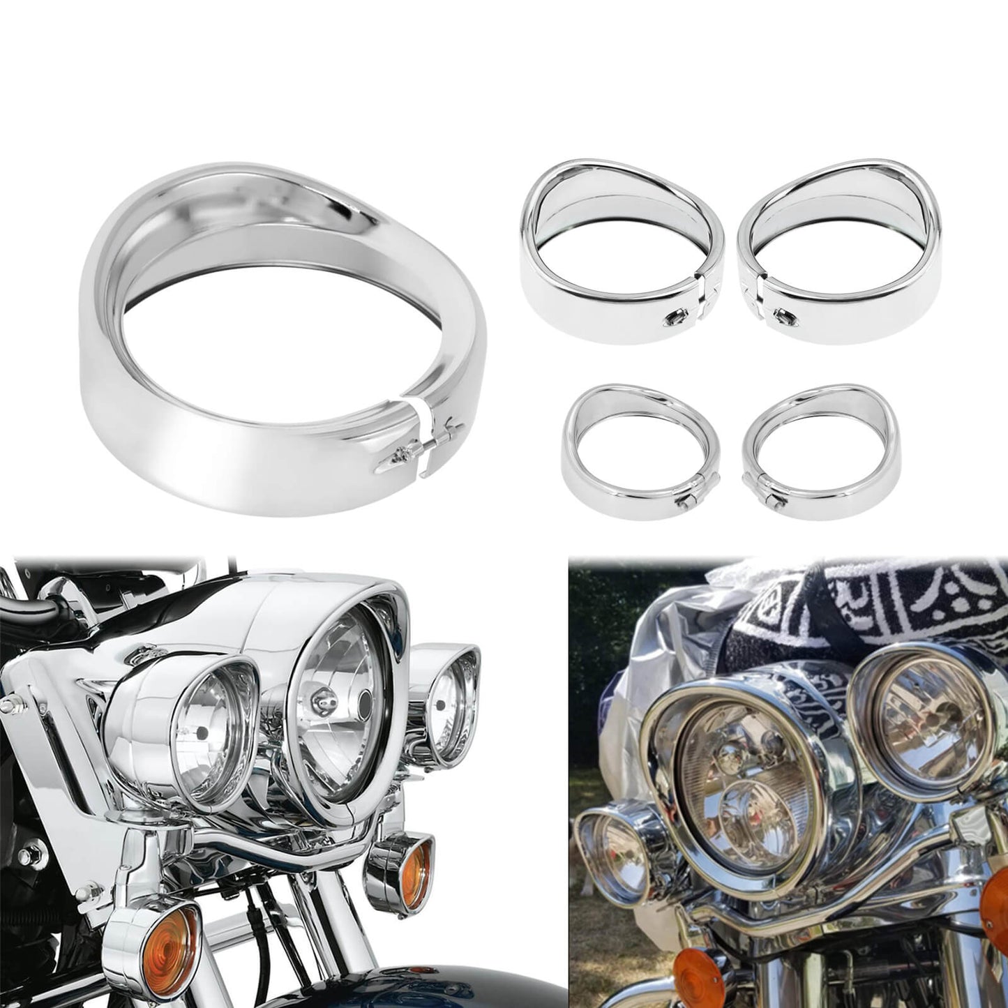 Visor Style 7" Headlight Trim Ring 4.5" Passing Light Trim Ring Kit for Harley | Mactions